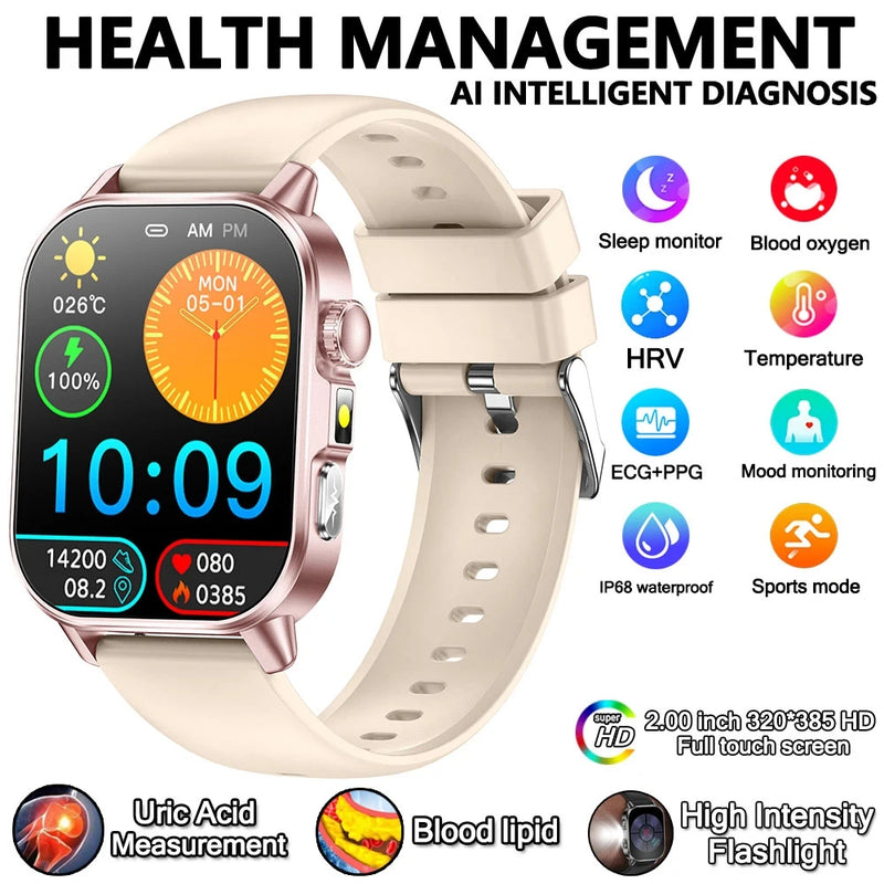 2026 New Professional-Grade Health Smart Watch Men ECG BP HR Uric Acid Lipid BMI Body Analysis Bluetooth Call Smartwatch Women