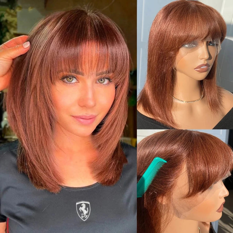 Brazilian Straight Bob Lace Front Bob Wigs With Bang Sleek Remy Human Hair Bob Wigs For Black Women Natural Easy Part Lace Wigs