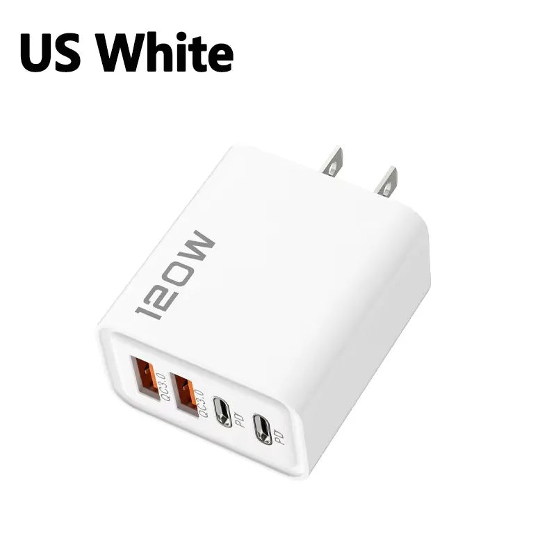 Quick Charge 3.0 Fast Charger Muti Total 120W 4 Port USB Type C PD Mobile Phone Wall Adapter for iPhone 16 Samsung S24 Xiaomi 15