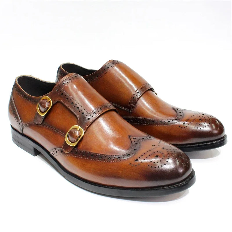 Men's Leather Loafers Double Buckle Monk Strap Handmade Dress Shoes Wingtip Pointed Toe Brogue Wedding Office Business Shoes