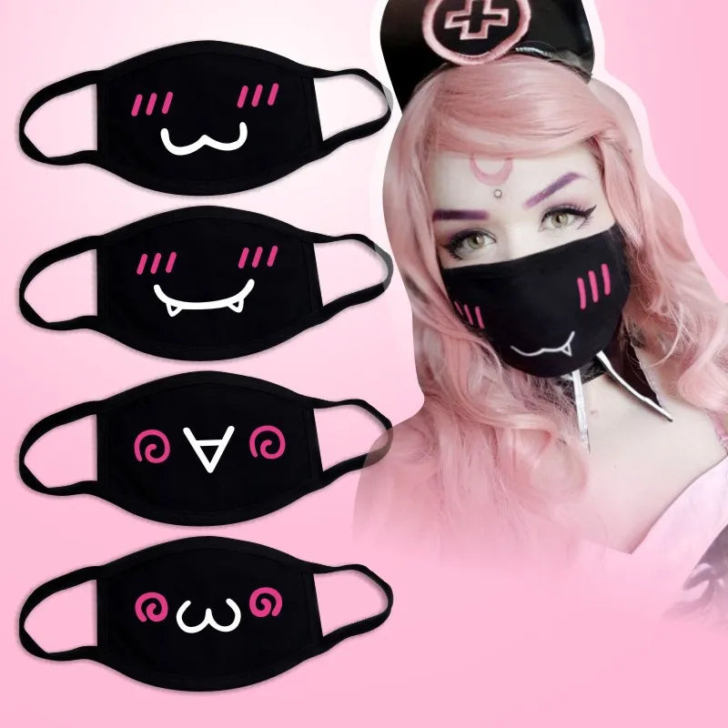 Black Face Mask Unisex Winter Warm Thickening Half Face Mouth Mask Cotton Cartoon Pattern Anti-Dust Anti- Respirator Kpop Mask
