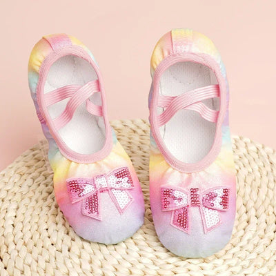 Children's Dance Shoes Girls Ballet Flats Rainbow Bow | SAMAG