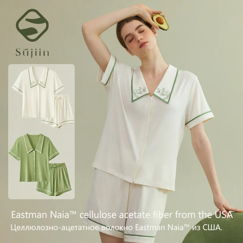 SUJIIN Womens Pajamas Sets 2 Piece Short Sleeve Lounge Set Woman Modal Cooling Embroidery Thin  Pajamas 2026 Summer SH004