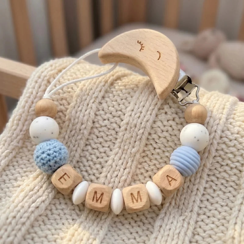 Personalized Name Pacifier Clip Silicone Wooden Dinosaur Baby Teether Holder BPA Free Custom Soother Chain Handmade Dummy Clip