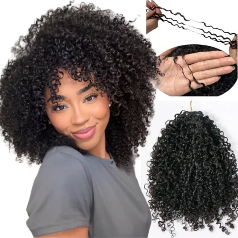Kinky Curly Knotless Crochet Human Hair for Miracle Knots Boho Braid Ready Time-Saving Pre Separated Strands Natural Black Feather Extension 10-30 Inch 65g/Pack