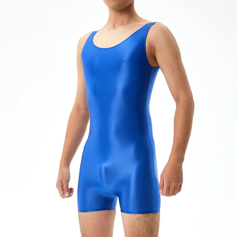Mens Undershirts Leotard Sleeveless Glossy Elastic Seamless Bodysuits Wrestling Singlet Bodywear Lingerie Sheer Gay Jumpsuits
