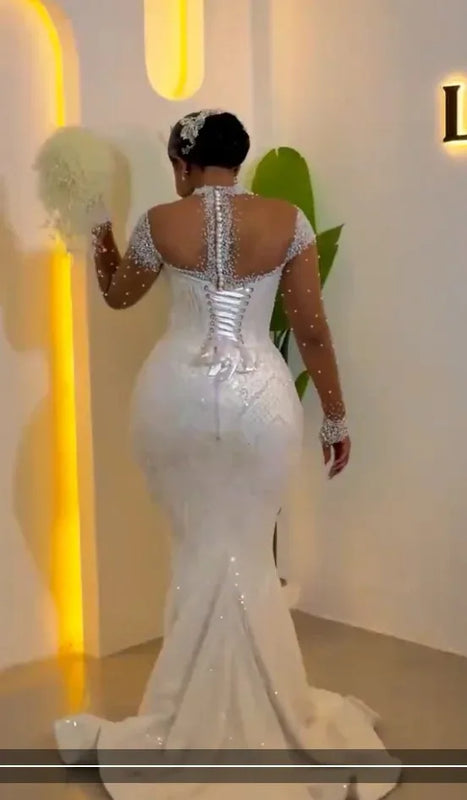 Luxury Off Shoulder Mermaid Wedding Dress High Collar - View 6 | SAMAG