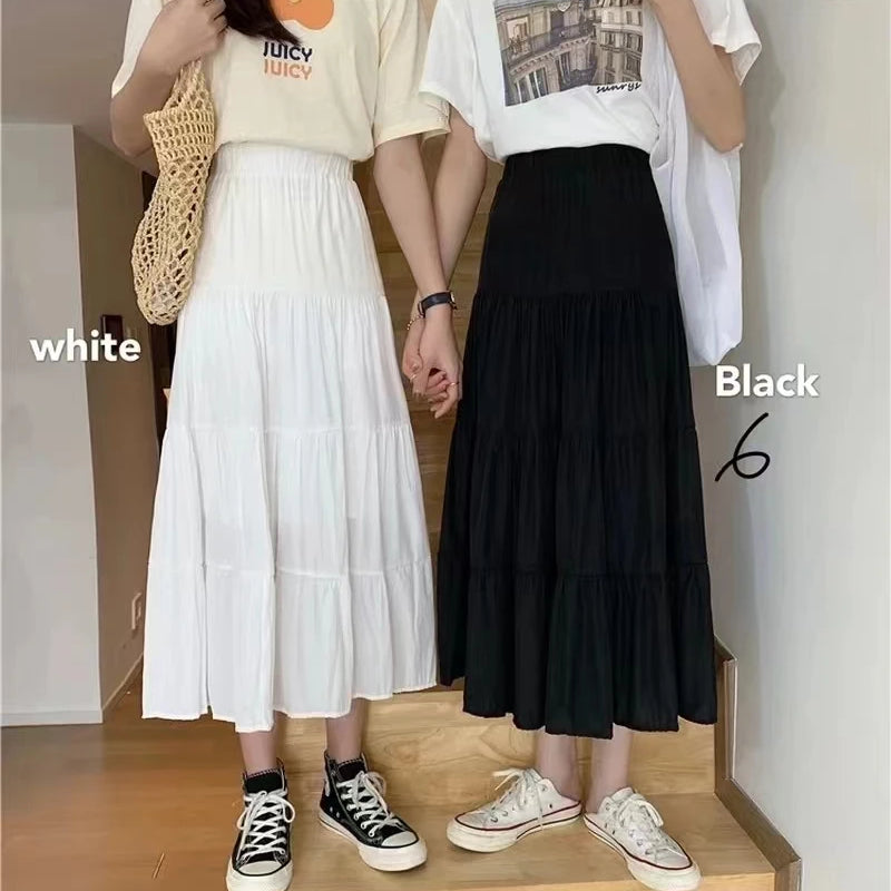 Spring Summer Women Skirts Vintage High Waist Elastic Patchwork White Black Chic Long Cake A-line Skirt