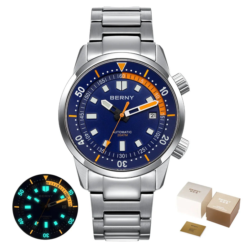 BERNY Automatic Diving Watches for Men 20ATM Super Luminous Mechanical Men's Diver Watch Sapphire Full Stainless Steel Dive