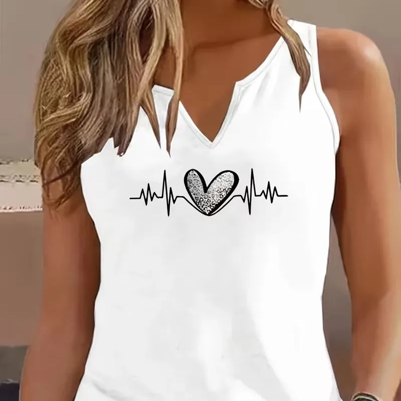 Harajuku Love Heart Casual Sleeveless Tank Top T-shirt V Neck Graphic Vest T Shirts Women Shirt V-Neck Gothic Tops Tee Summer