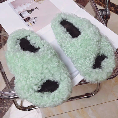 Real Wool Fur House Slippers Solid Color Cross Strap Fluffy Fur Slides Funny Comfortable Fuzzy Slippers Women's Shoes Trend 2026