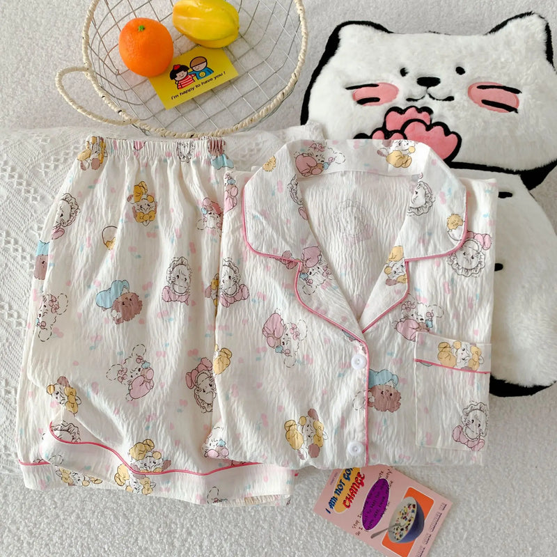 Cartoon Hello Kitty Summer Cardigan Lapel Women's Pajama Set Cloud Cotton Cute Printed Casual Loungewear Three-piece Set