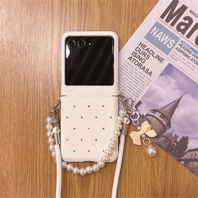 Luxury Glitter Diamond Check Phone Case With Bow Pendant Leather Strap for Motorola Razr 60 Ultra Razr2025 Razr 50Ultra Cover