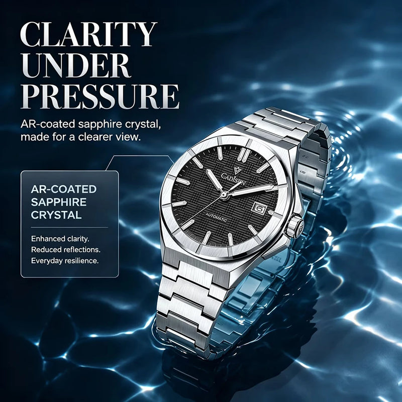 CADISEN Watch Business Automatic Watches Mens Japan 8215 Mechanical Luminous AR Sapphire 100M Waterproof Calendar WristWatch+Box