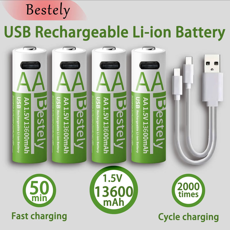 Bestely 1.5V 13600mAh USB AA Lithium Ion Rechargeable Battery, Fast Charging Li-ion Akku, 2000 Cycle with USB-C Port Cables