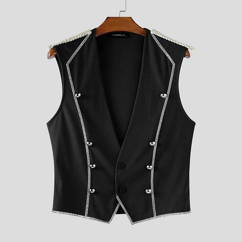 INCERUN Men Vests Patchwork Shiny V Neck Sleeveless Button Casual Male Waistcoats Streetwear 2025 Fashion Leisure Vests S-5XL