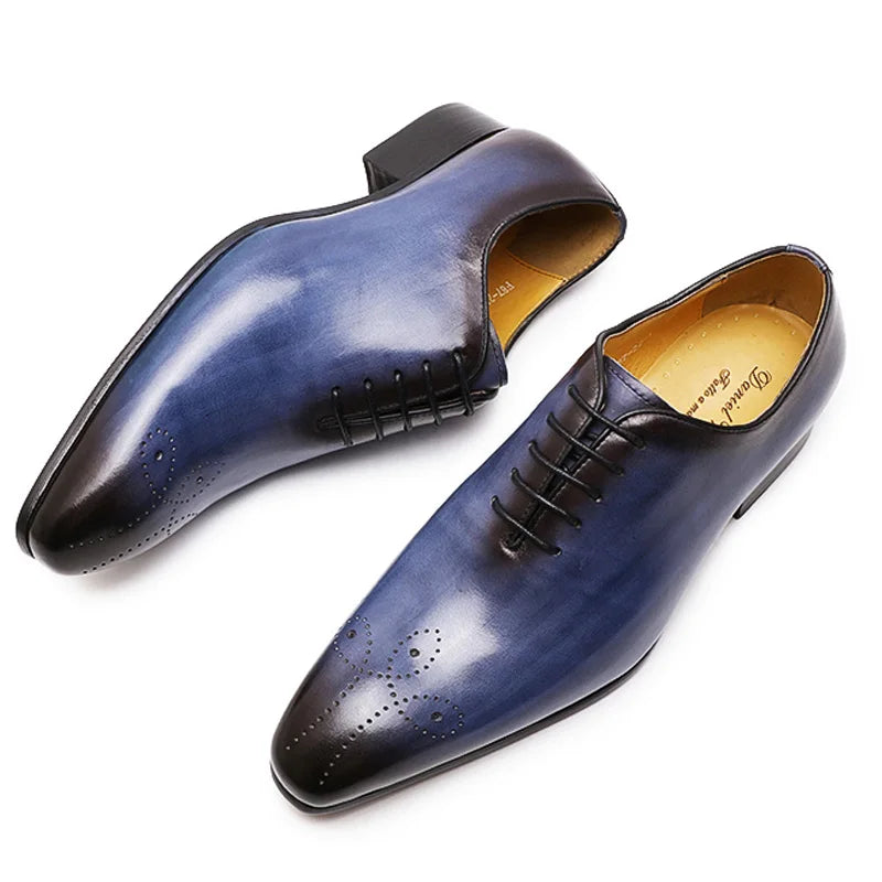 Italian Mens Genuine Leather Dress Shoes Blue Purple Oxfords Wedding Party Formal Shoes Whole Cut Elegant Men's Footwear