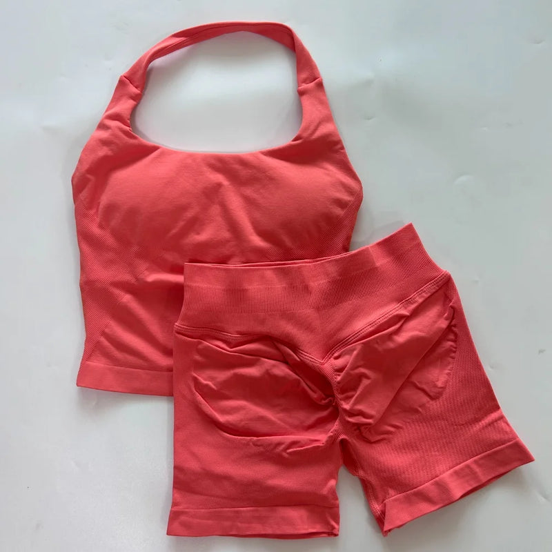 1-2pcs Gym Set Women Backless Tank Tops High Waist Scrunch Seamless Shorts High Waist Yoga Leggings Workout Sets Gym Suit