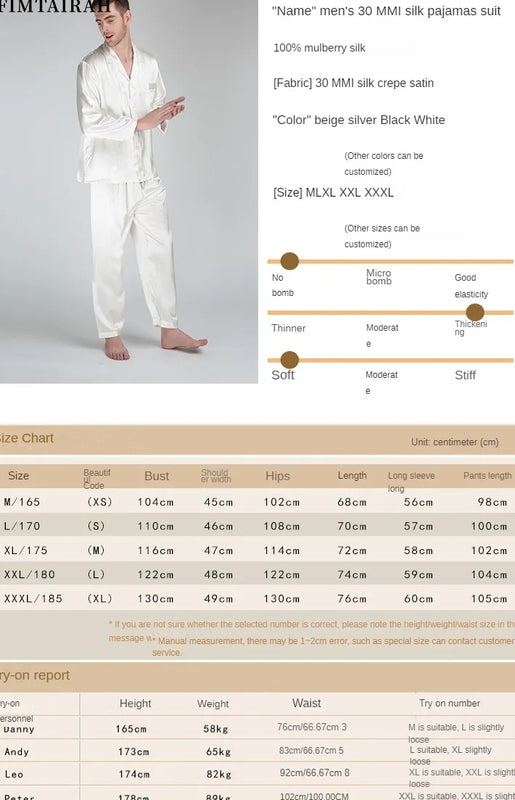 Fimtariah 30MM 100% Silk Pajamas Long Sleeve Pants Set Men's Summer Soft Shirt Pants Sets Two PIeces Autumn Winter Silk home