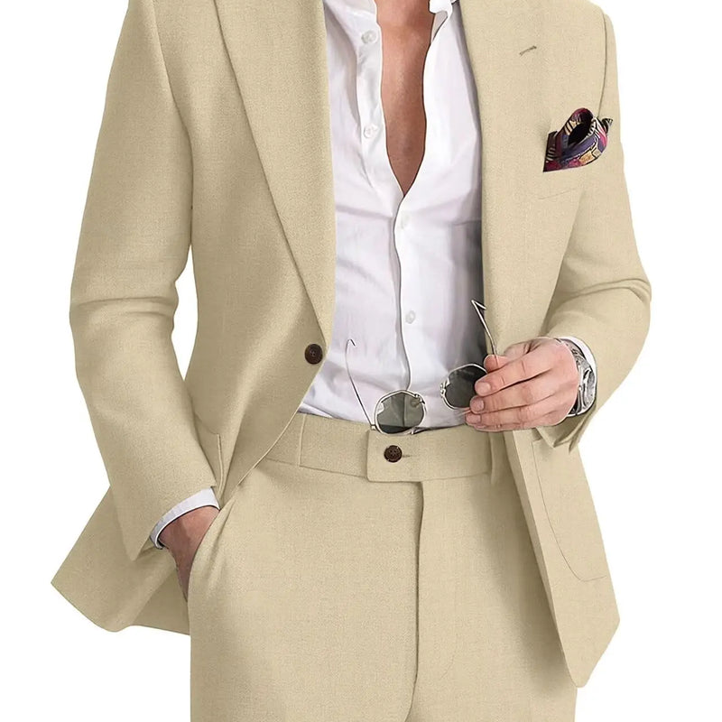 Mens Linen Suit 2 Piece Casual Suits for Men Summer Beach Groom Wedding Suit Linen Blazer Pants Set
