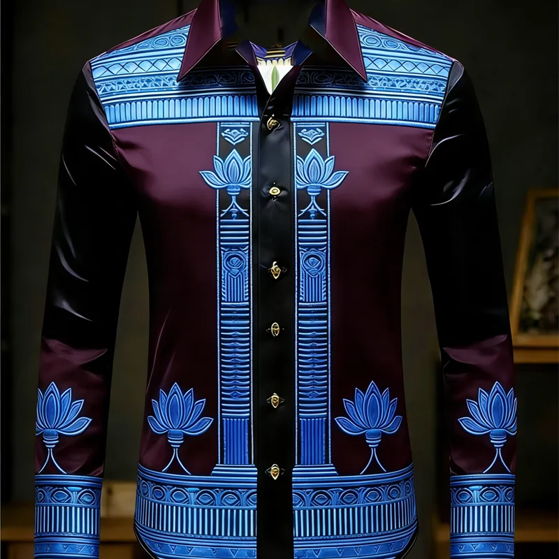 New men's long sleeved shirt with gold lotus 3D printed | SAMAG