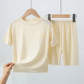 2-piece Summer Children's Solid Color Ice Silk Suit Boys Casual Fashion Cool Short-sleeved Girl Han Fan Joker Shorts Home Clothe
