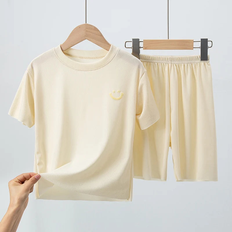 2-piece Summer Children's Solid Color Ice Silk Suit Boys Casual Fashion Cool Short-sleeved Girl Han Fan Joker Shorts Home Clothe