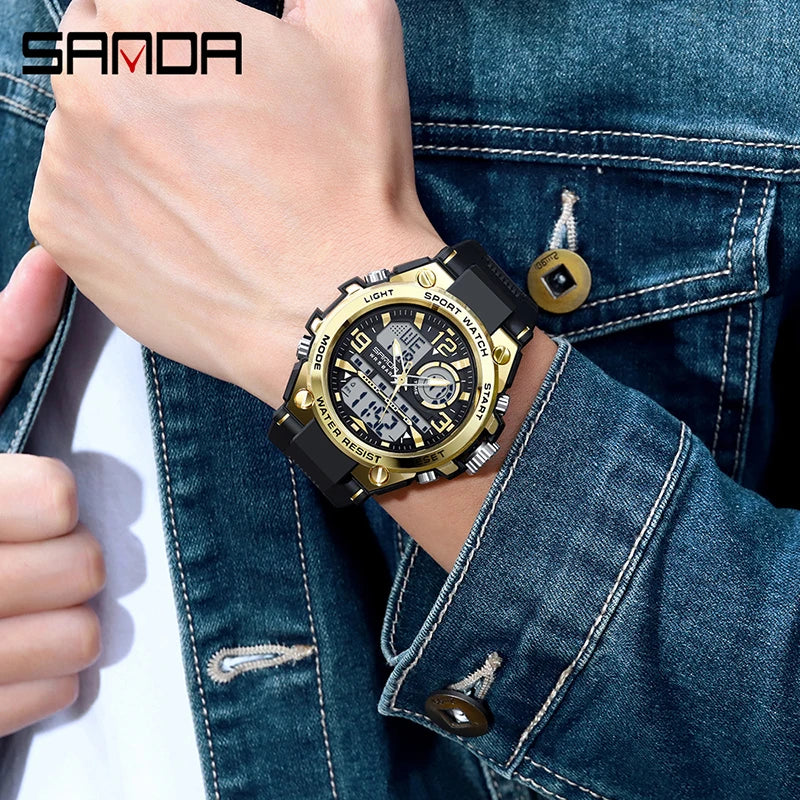 SANDA 6024 Men Sports Quartz Watches Dual Display LED Electronic Digital Wristwatches Waterproof Watch Relogios Masculino