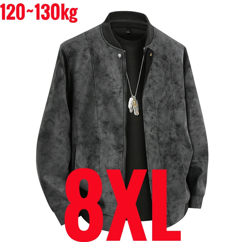 Big Size 8XL Suede Leather Jacket Men Cotton Padded Coat Motorcycle Male Oversize College Large Plus Winter Zipper Windbreaker