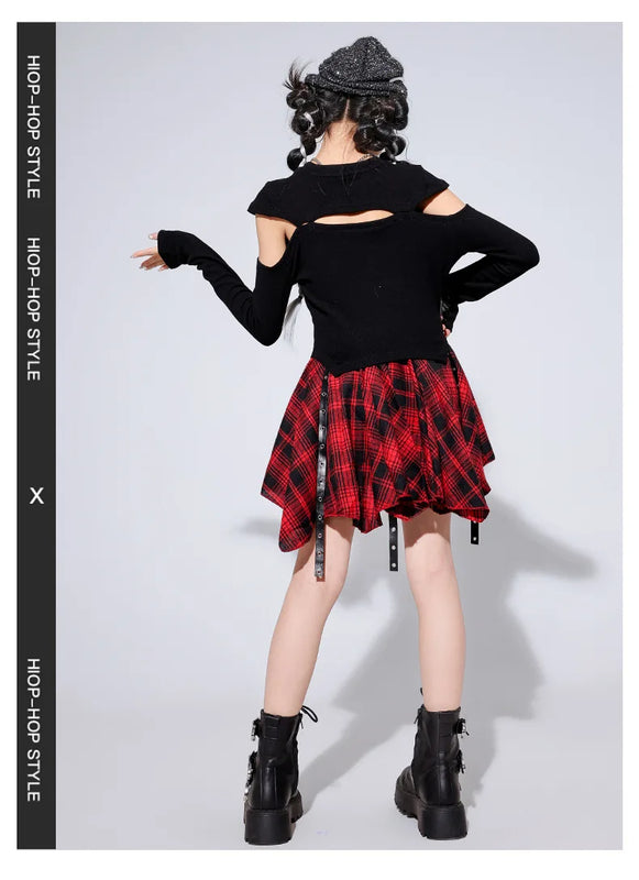 Girls Hip Hop Costume Black Top Plaid Street Dance Skirt | SAMAG