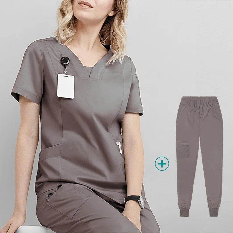 Woman Medical Scrubs Set, V-Neck Short Sleeve Nursing Uniforms With Multi-Pockets, Professional Workwear For Dental Clinic, Sp