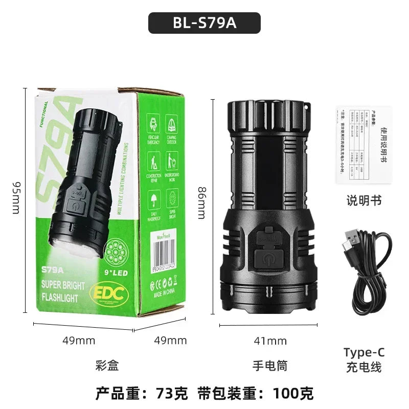 Mini Flashlight 9 LED Strong Light Lantern Long Range Rechargeable Pocket Lamp Outdoor Portable Camping Hiking Light