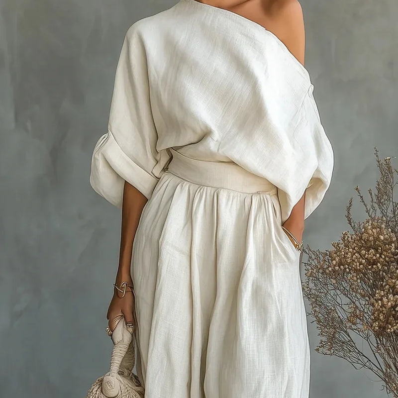2026 One Shoulder Linen 2 Piece Set Women Roll Up Sleeve Waist Belt High Waist Lantern Pants White Breathable Casual Daily Beach