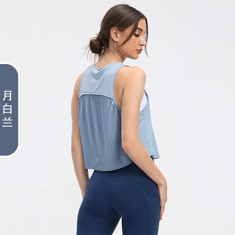 Cover Up Shirt for Women, Quick Drying, Summer Thin Pleated and Wrinkled Fitness Suit, Top Worn with Sleeveless Sports Vest