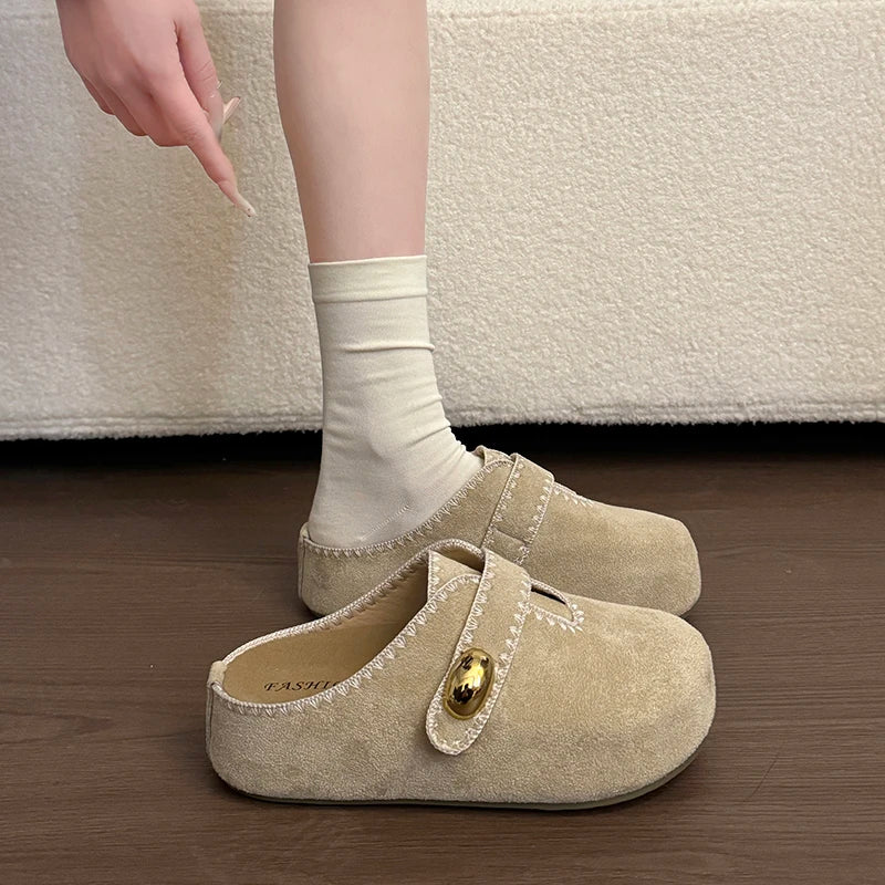 Women's Ladies Suede Flat Clogs Mules Slides with Contrast Stitching Closed Toe Slip On Comfotrable Casual Daily Slippers Shoes