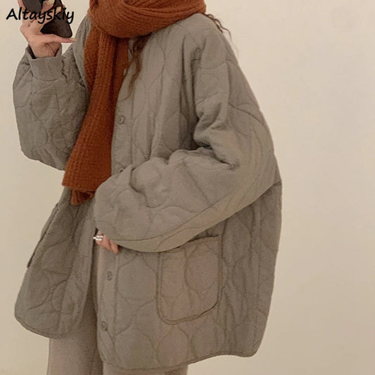 Autumn Winter Parkas for Women Simple Loose Korean Fashion Design Jacket Cute Female Aesthetic Chic Warm Streetwear V-neck Coat