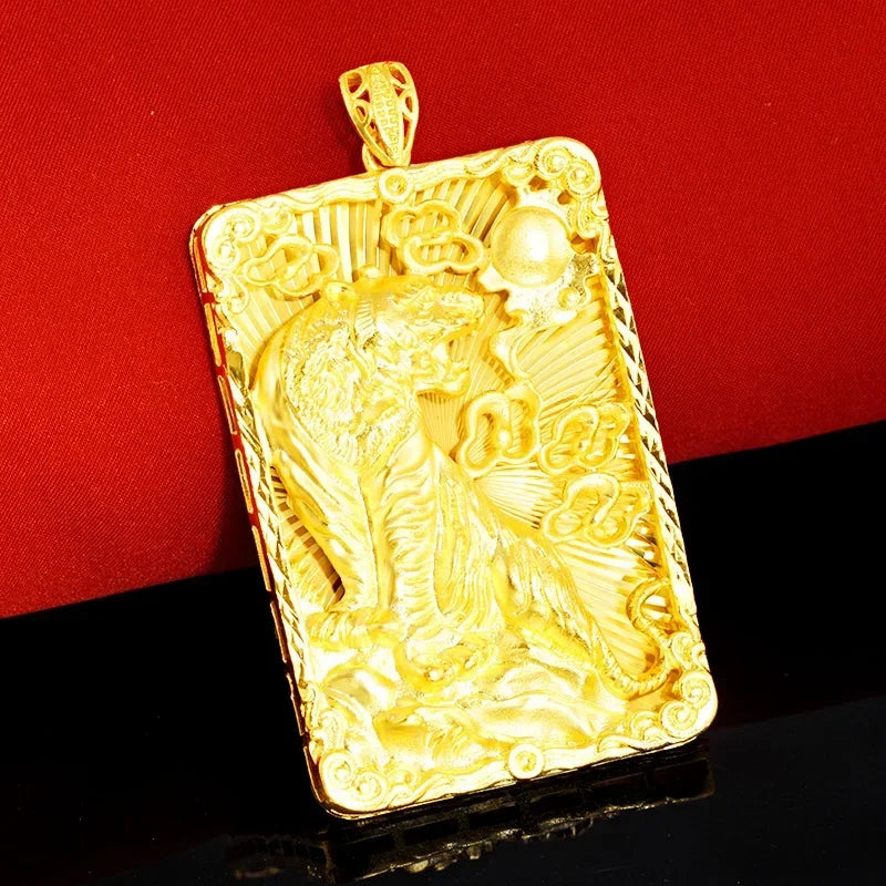 Real 18 K Gold Men's Square Tiger Pendant for Men Father Bro Pure Classic Wedding Gold Pendants Without Chain Fine Jewelry Gifts