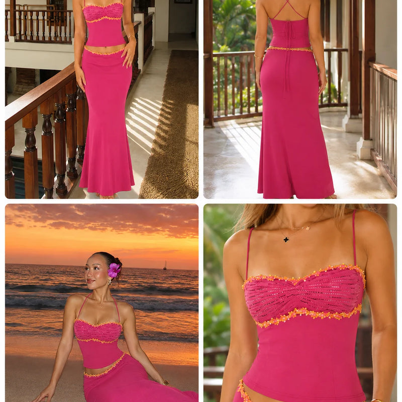 Women 2 Piece Outfit Spaghetti Strap Ruched Cami Top Floral Trim High Waist Mermaid Maxi Skirt Set Summer Beach Vacation Matching Outfits