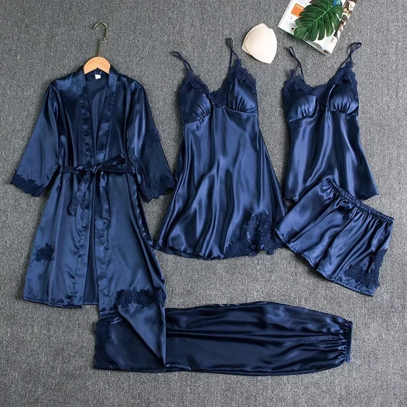 5-piece Set of Women's Sleepwear Sexy Silk Nightgown Lace | SAMAG