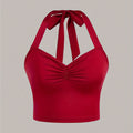 Women Ruched Halter Crop Top Tie Back Sleeveless Camisole V Neck Slim Stretch Y2K Party Cami Black Red Two Colors