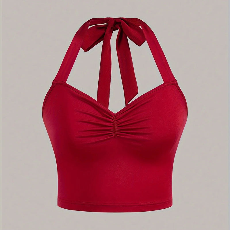 Women Ruched Halter Crop Top Tie Back Sleeveless Camisole V Neck Slim Stretch Y2K Party Cami Black Red Two Colors