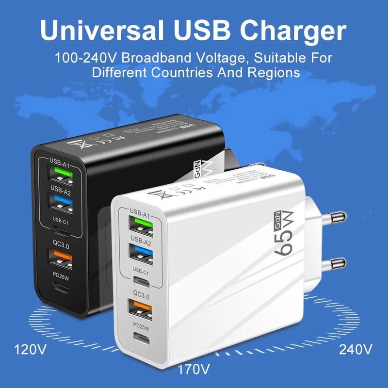 5 Ports 65W USB Type C Fast Charging Charger QC 3.0 Phone Adapter  For iPhone 15 Huawei Xiaomi Samsung EU/US Plug Wall Charger