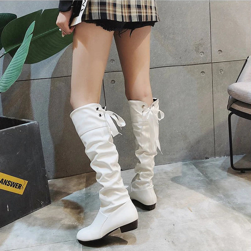 Shoes For Women  Knee High Boots Red Black White Tall Boots Woman Pleated Low Heel Casual Leather Female Long Shoes 2024
