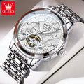 OLEVS Men's Watches Skeketon Flywheel Automatic Mechanical Original Wristwatch for Man Waterproof Luminous Perpetual Calendar