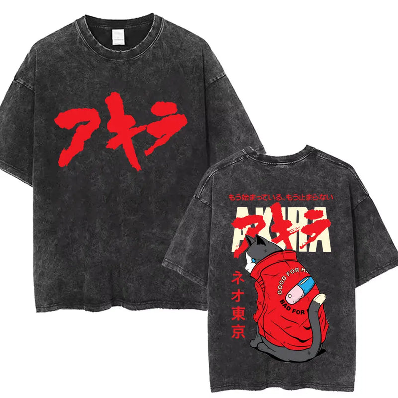 Washed Retro Japanese Anime Akira Print 100%Cotton Men Woment T-shirt Summer Autumn Daily Sports Party Casual Loose Short Sleeve