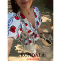 KONDALA Casual Chic Women Boho Blouse Print V - Neck Short - View 2 | SAMAG