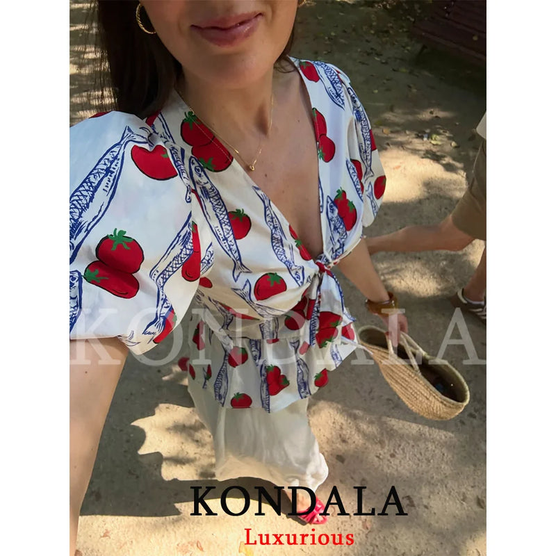 KONDALA Casual Chic Women Boho Blouse Print V - Neck Short - View 2 | SAMAG