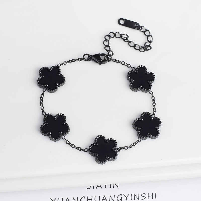 Light Luxury Stainless Steel Hot Sale Black and White Shell Five Leaf Flower Bracelet Simple Woman Fashion Daily Party Jewelry C