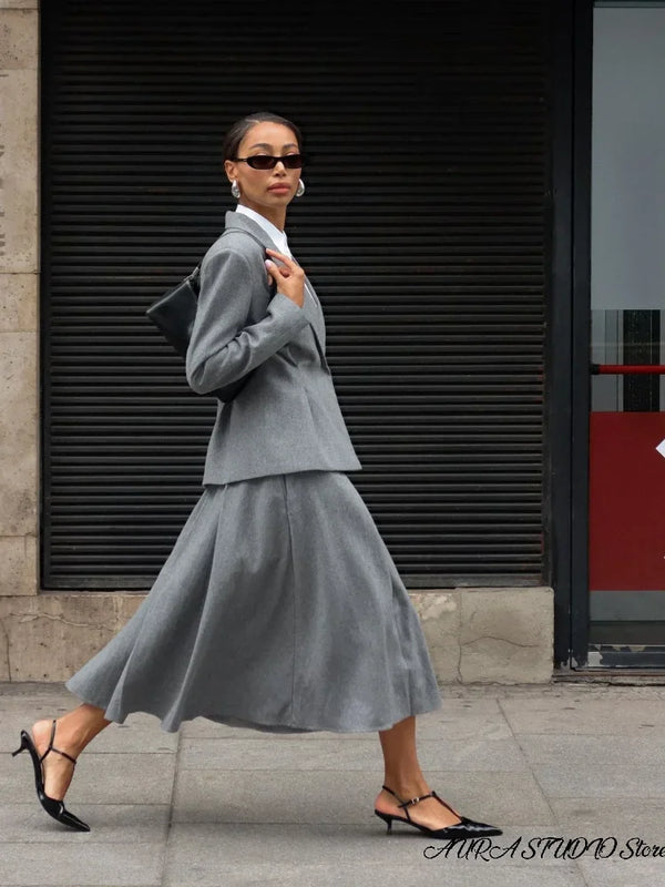 Women Two Piece Skirt Set Women Puff Sleeve Lapel Blazer Coat High Waist Pleated Midi Skirt Suit Autumn Lady Formal Outfit