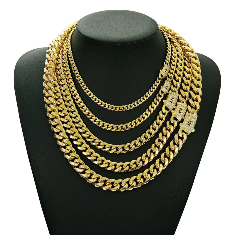 6 - 14mm Bling Gold Color Stainless Steel Cuban Miami Chains Necklaces CZ Zircon Box Lock Link for Men Hip - Visuel 2 | SAMAG